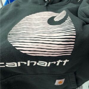 Carhartt Black Hoodie with Pink Wave Design Medium Size for Women